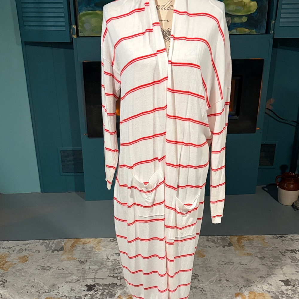 CAbi Red and White Striped Open Cardigan